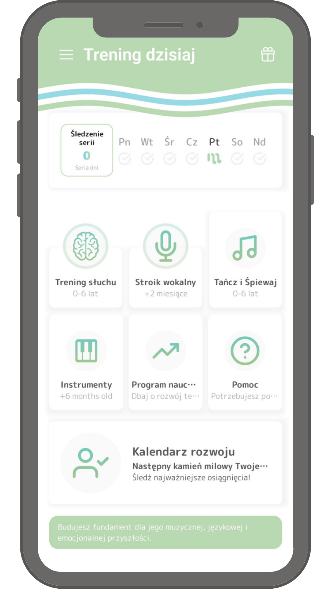 Główny ekran aplikacji Memima do stymulacji muzycznej dla dzieci od 0 do 6 lat, z modułami Ear Training, Vocal Tuner, Dance & Sing i Instruments oraz codziennym licznikiem serii