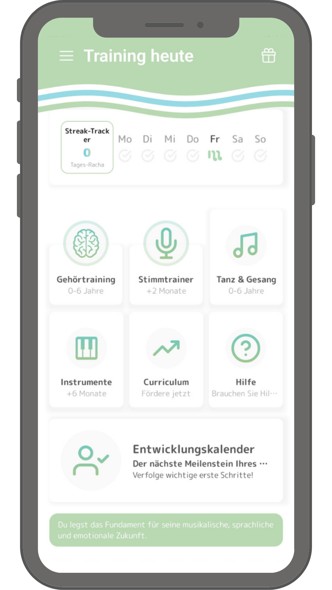 Startbildschirm der Memima-App für musikalische Frühförderung für Babys und Kinder von 0 bis 6 Jahren — mit den Modulen Ear Training, Vocal Tuner, Dance & Sing und Instruments sowie dem täglichen Fortschrittsanzeige