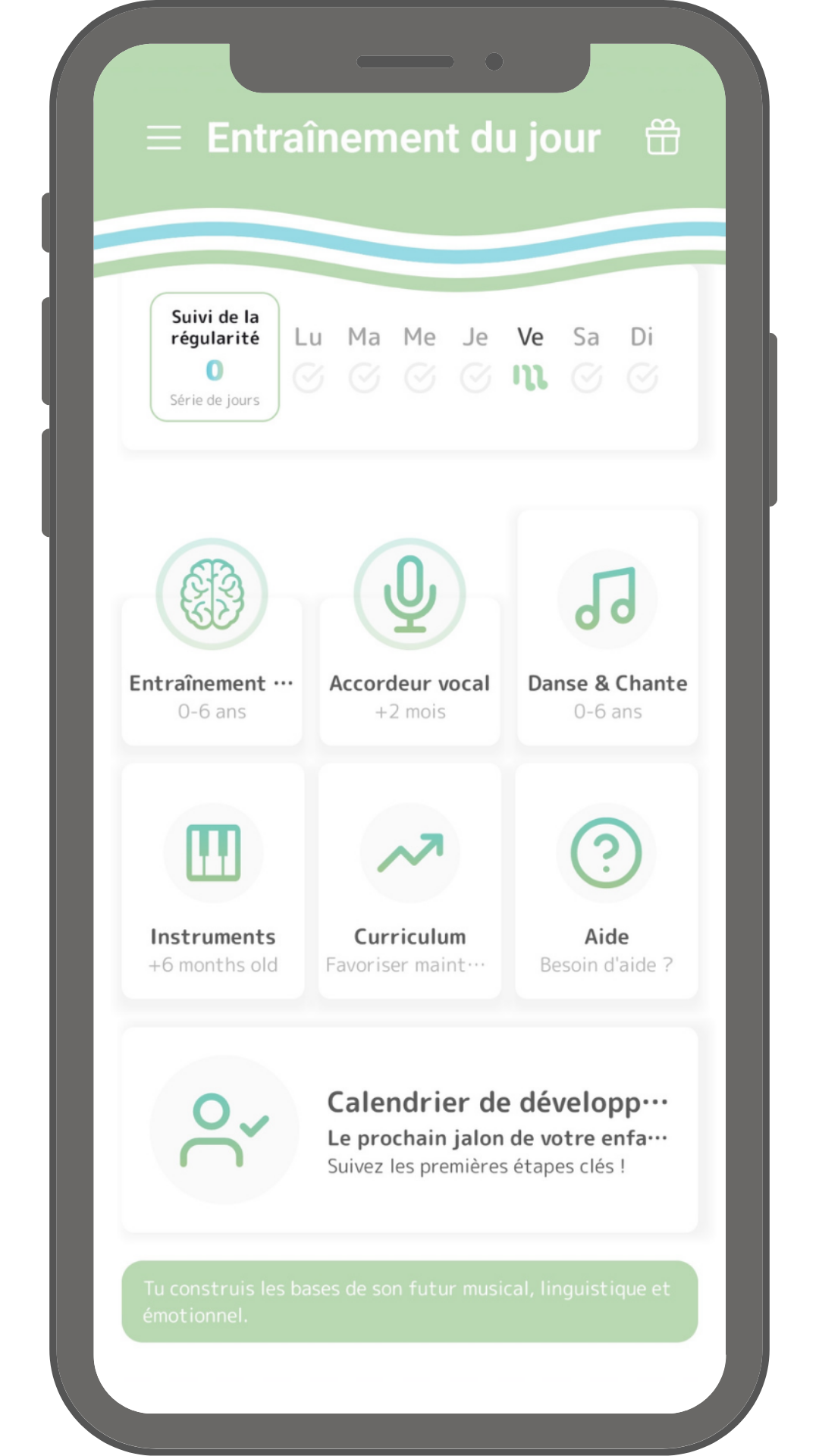 Écran principal de l'application Memima d'éveil musical pour bébés et enfants de 0 à 6 ans, avec ses modules Ear Training, Vocal Tuner, Dance & Sing et Instruments, et le Streak Tracker de progression quotidienne