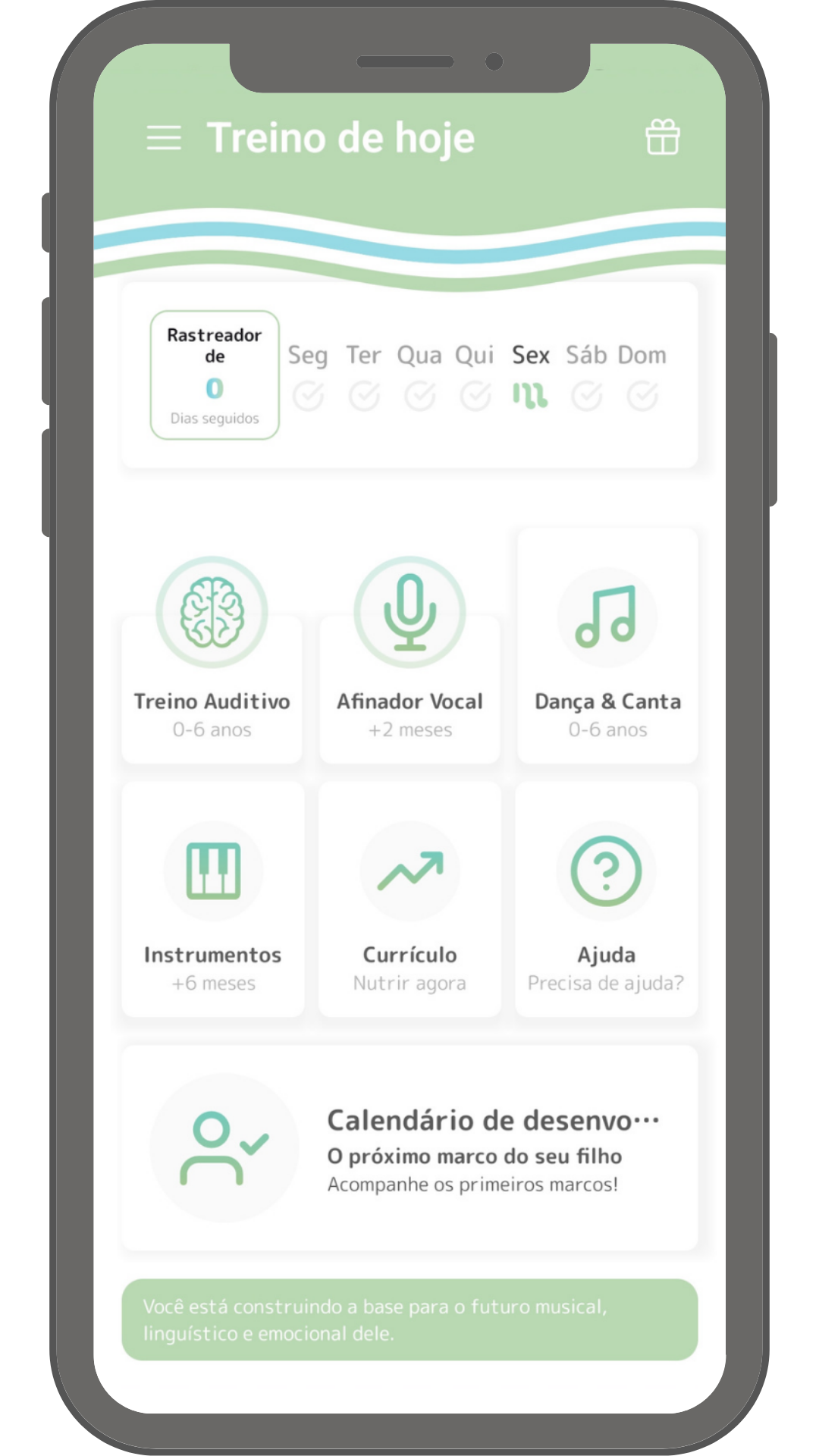 Tela principal do app Memima de estimulação musical para bebês e crianças de 0 a 6 anos, com seus módulos Ear Training, Vocal Tuner, Dance & Sing e Instruments, e Streak Tracker de progresso diário
