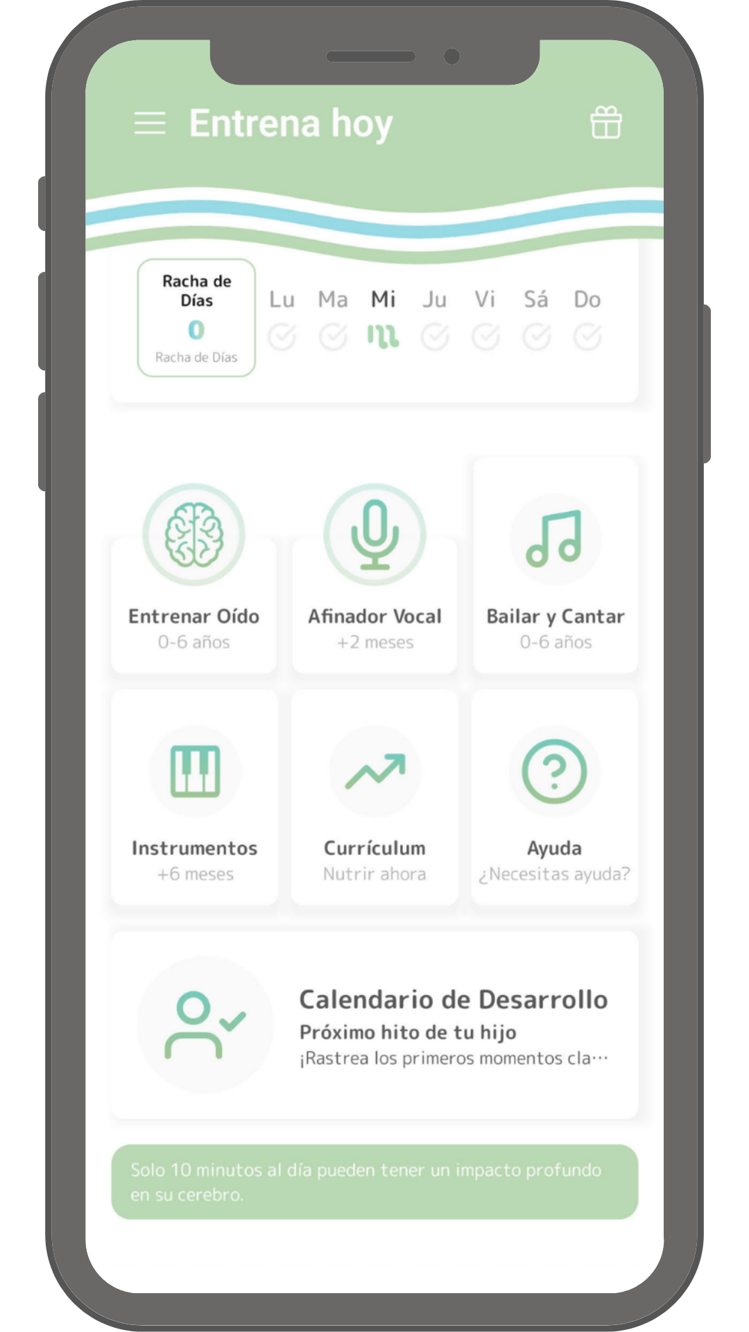 Pantalla principal de la app Memima de estimulación musical para bebés y niños de 0 a 6 años, con sus módulos Ear Training, Vocal Tuner, Dance & Sing e Instruments, y Streak Tracker de progreso diario