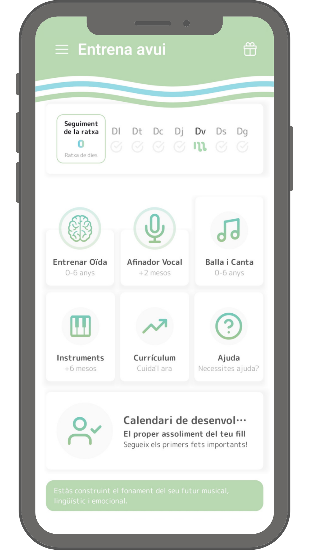 Pantalla principal de l'app Memima d'estimulació musical per a nadons i nens de 0 a 6 anys, amb els seus mòduls Ear Training, Vocal Tuner, Dance & Sing i Instruments, i el Streak Tracker de progrés diari