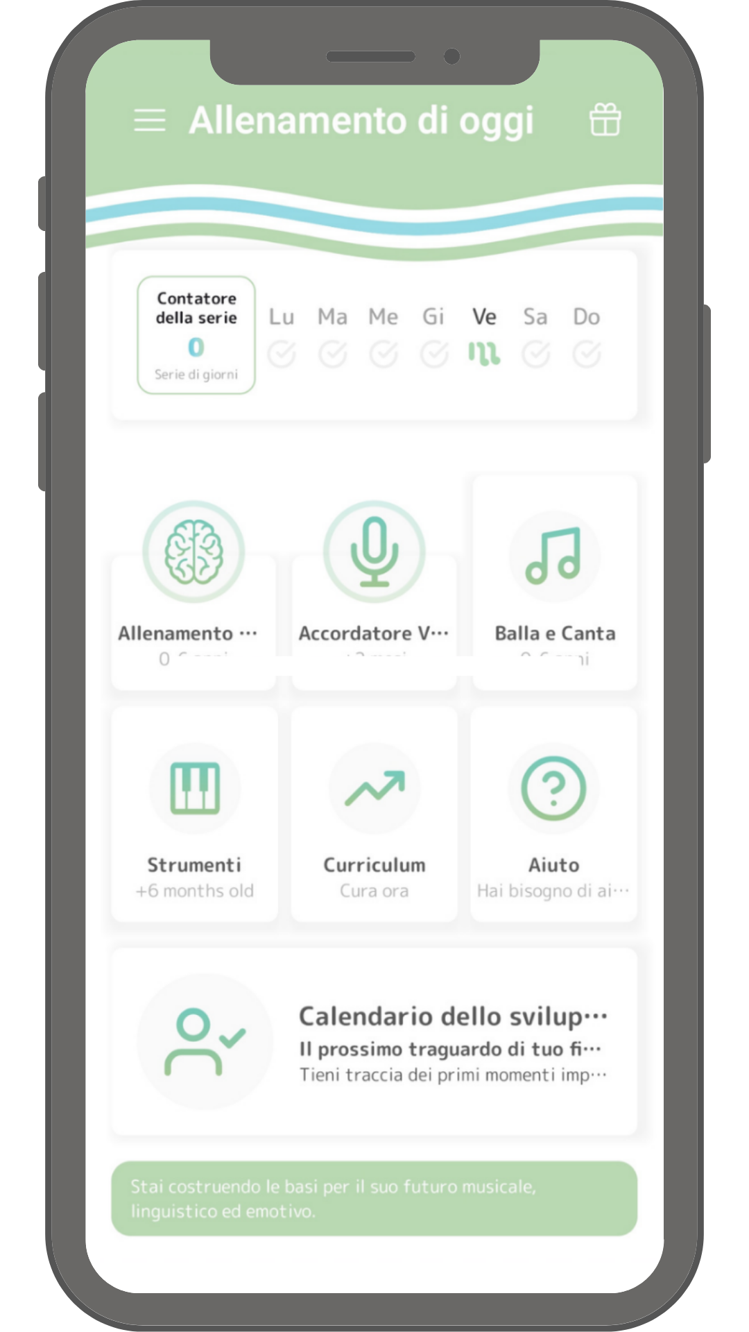 Schermata principale dell'app Memima di stimolazione musicale per bebè e bambini da 0 a 6 anni, con i moduli Ear Training, Vocal Tuner, Dance & Sing e Instruments, e lo Streak Tracker dei progressi quotidiani